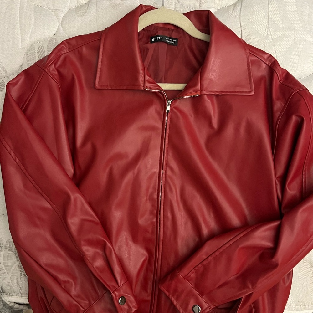 SHEIN Bold Red Faux Leather Zip Jacket